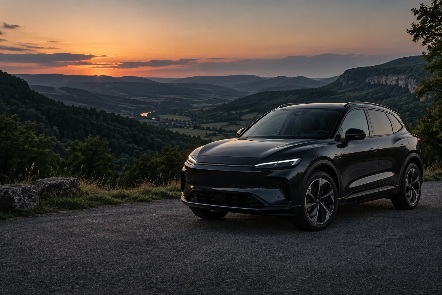 Illustration d’un SUV électrique noir dans les paysages du Bugey au coucher du soleil